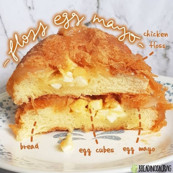 Egg Mayo Chicken Floss Bun cut in half